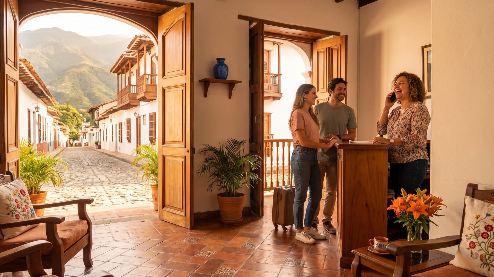 Recepcionista sonriente al teléfono en un negocio pequeño de una casa colonial venezolana, con clientes conversando