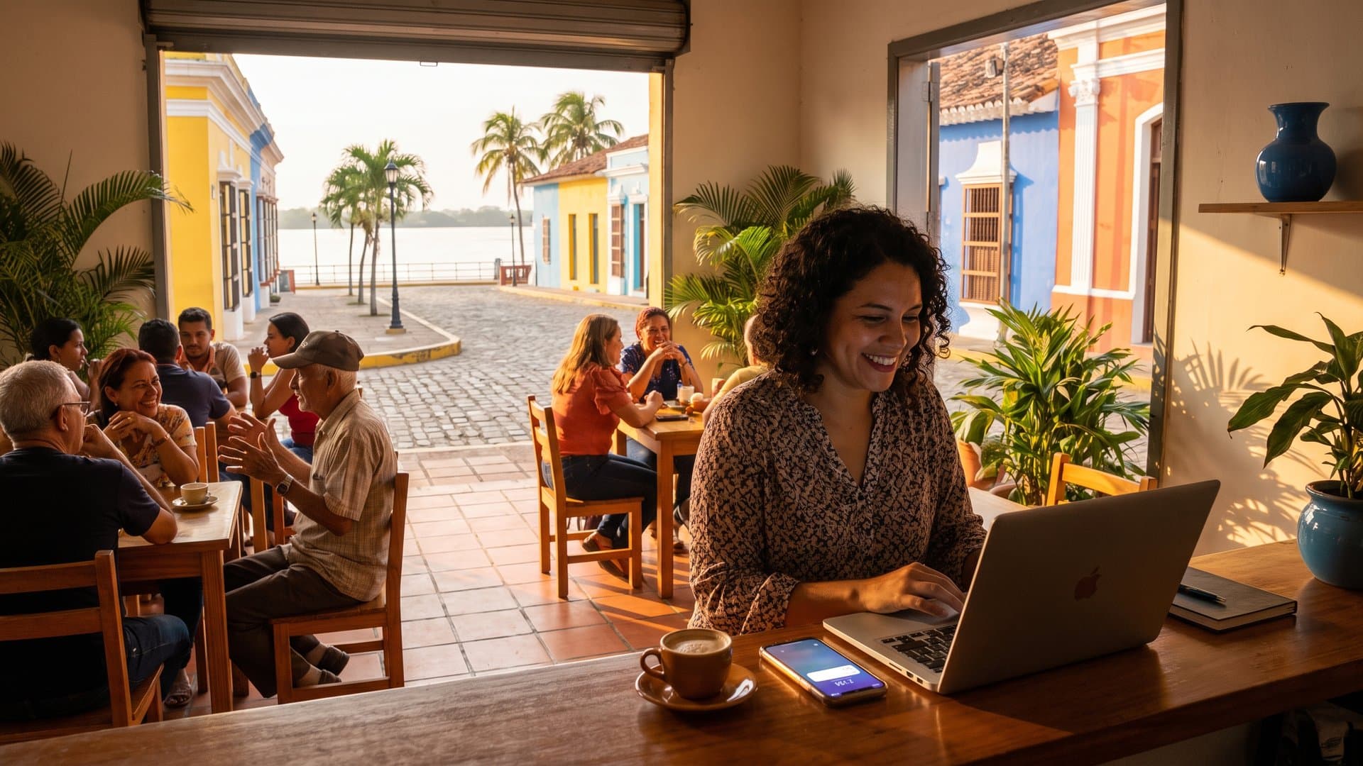La dueña de una cafetería configura todo en la laptop mientras se ilumina su celular