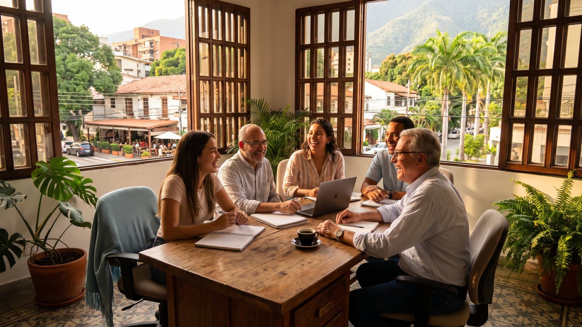 Un equipo pequeño y simpático se ríe junto a un escritorio en una oficina luminosa
