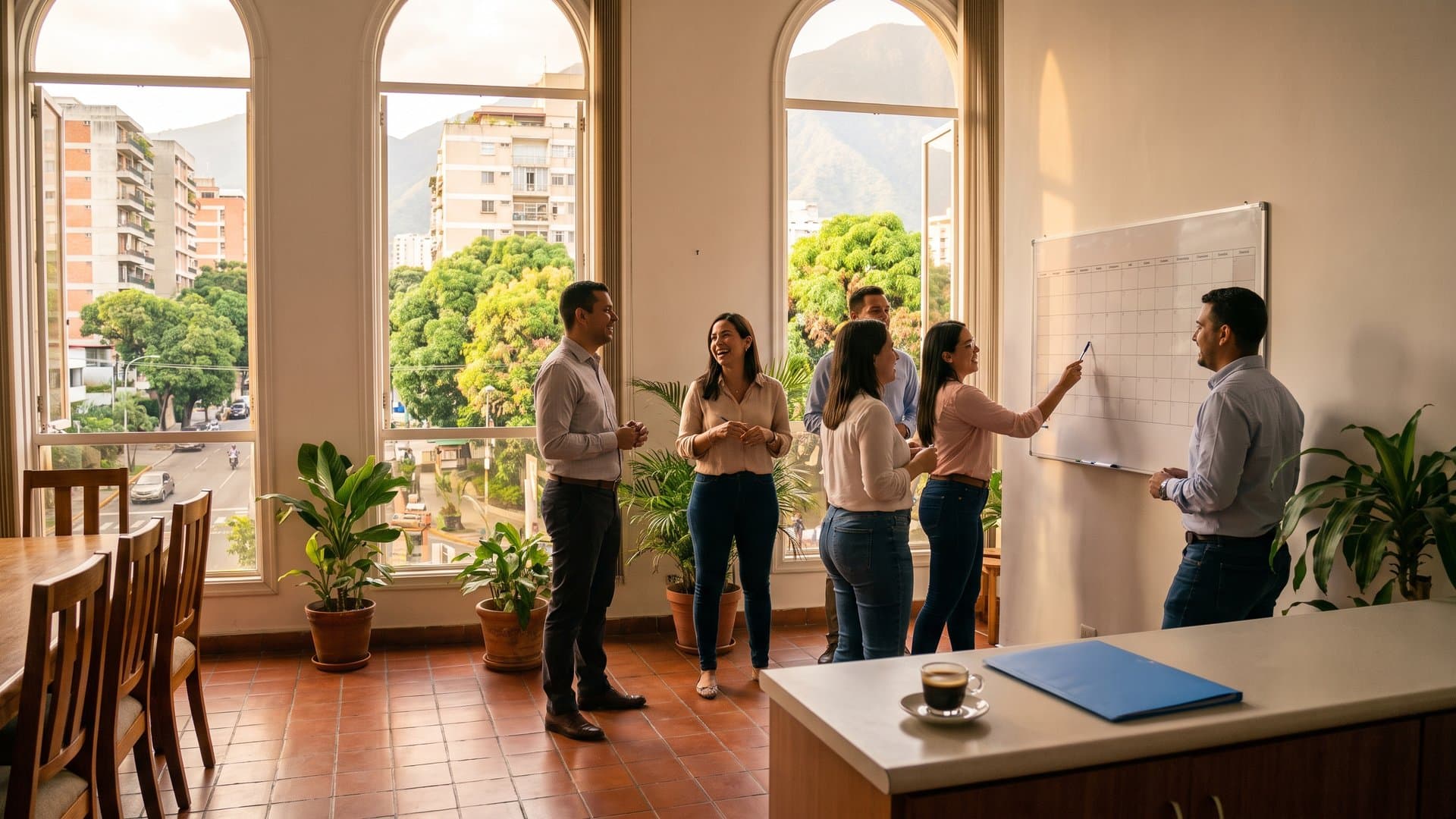 El equipo de un grupo de clínicas dentales reunido en una sala luminosa