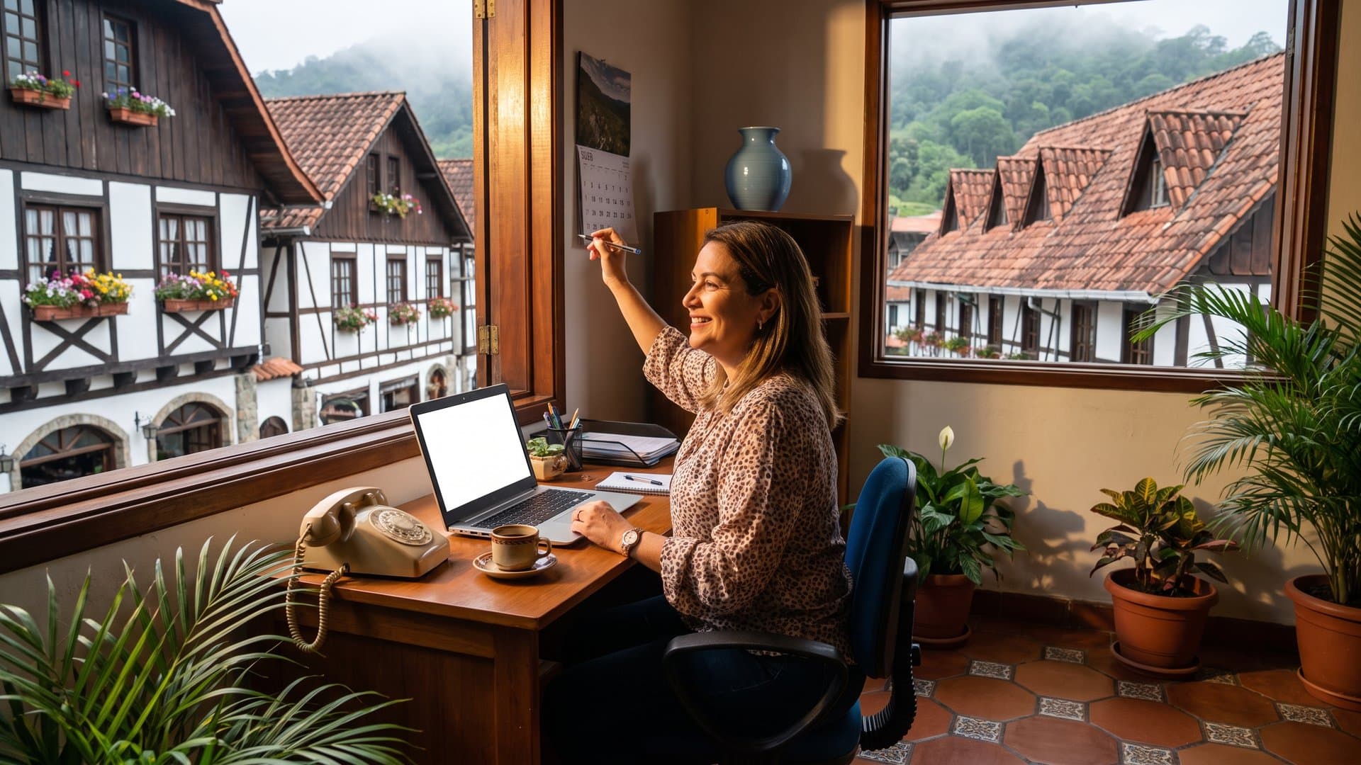Una oficina pequeña y ordenada con laptop, calendario y teléfono