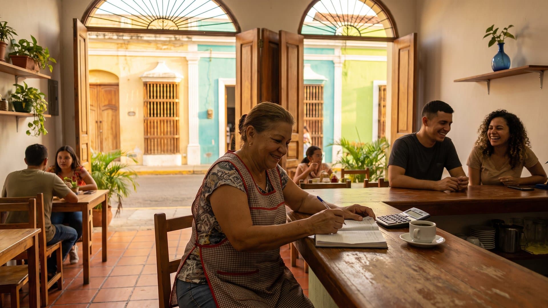 El dueño de un restaurante familiar saca cuentas en el mostrador por la tarde