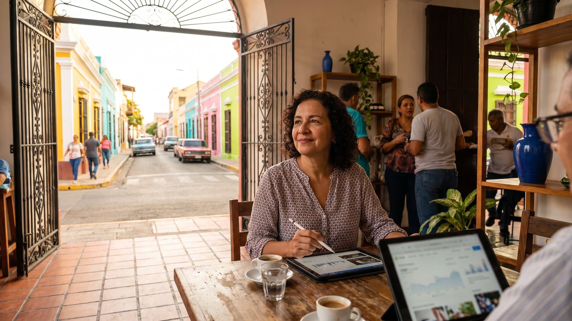 Una emprendedora compara opciones en una tableta en una terraza