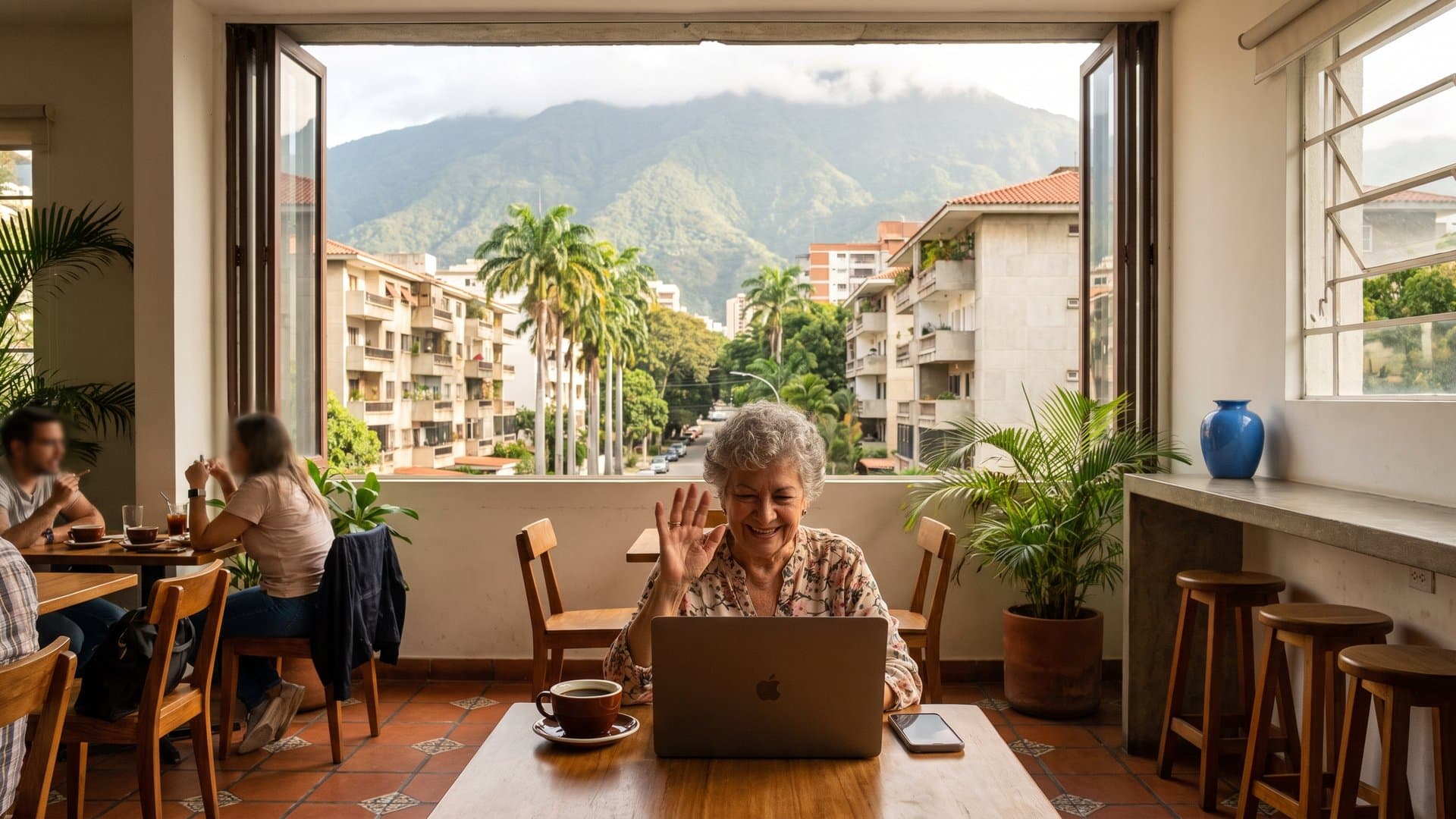 Una mesa junto a una ventana abierta con laptop, celular y un cafecito
