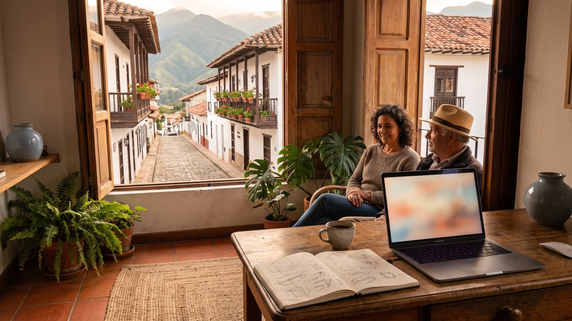 Un rincón de oficina tranquilo con laptop, libreta y un cafecito junto a una ventana