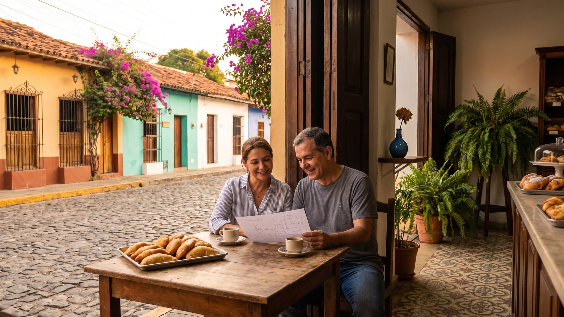 Una pareja que tiene una panadería revisa un plan sencillo con un cafecito