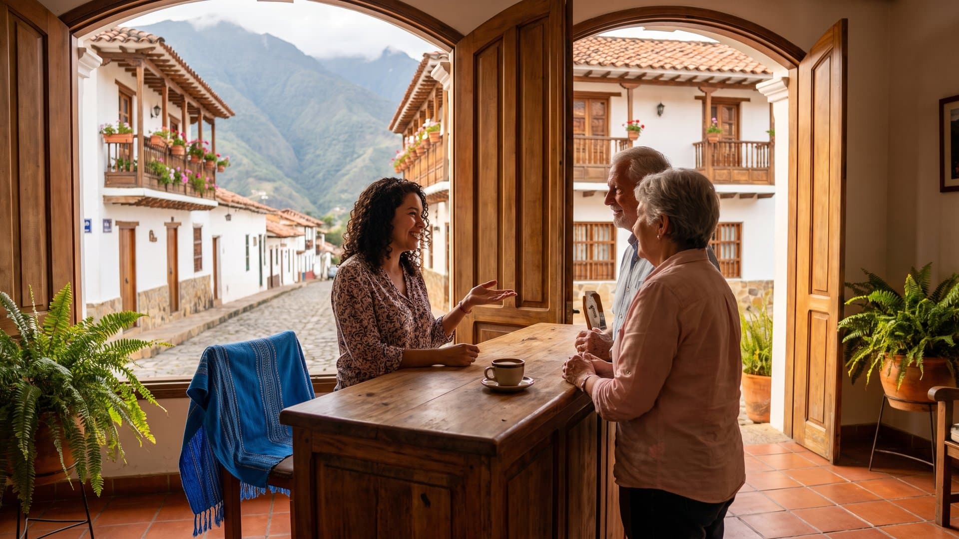 Una recepcionista responde con una sonrisa la pregunta de un huésped en una posada