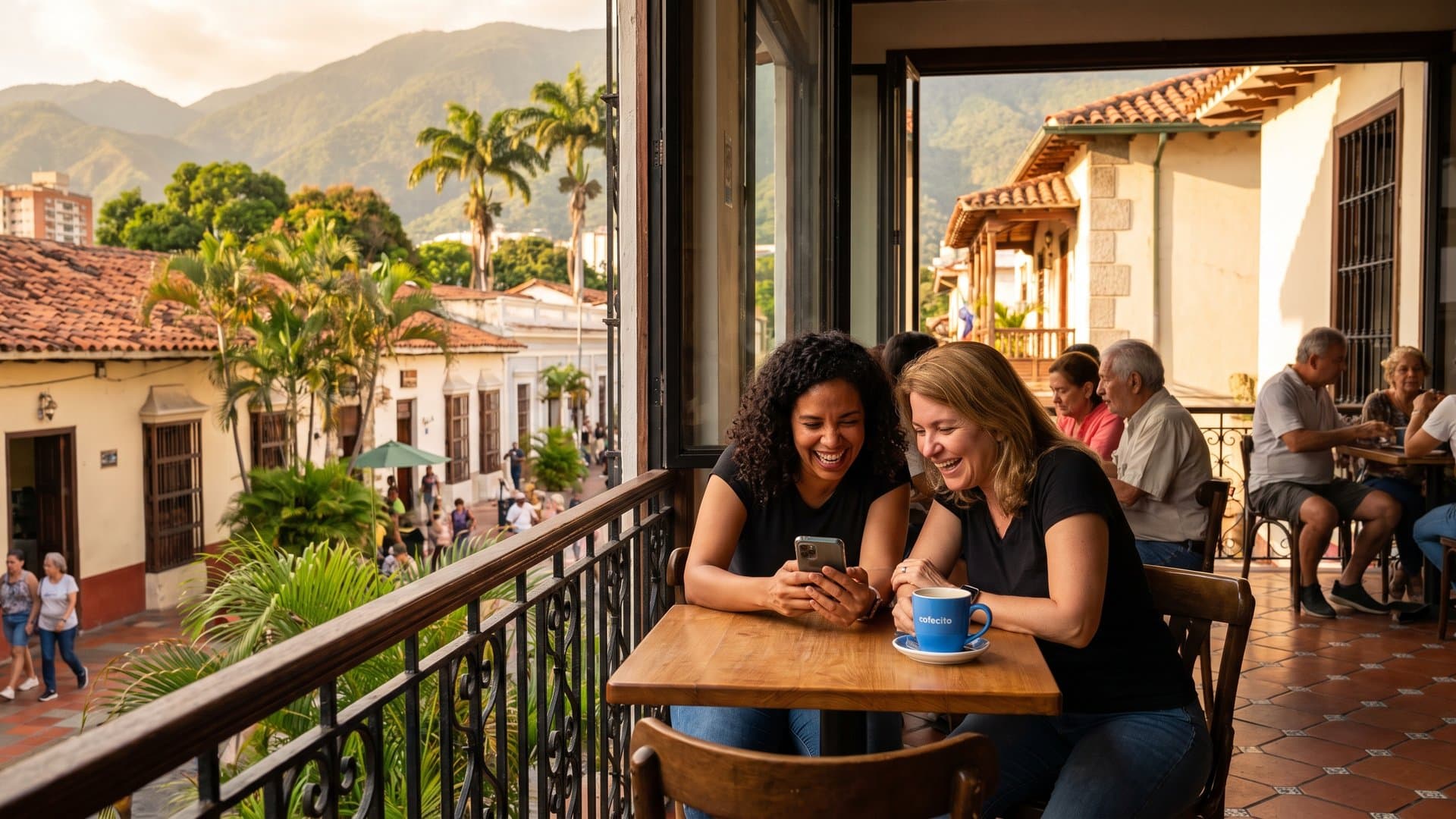Dos amigas con negocio propio conversan con un café en una terraza