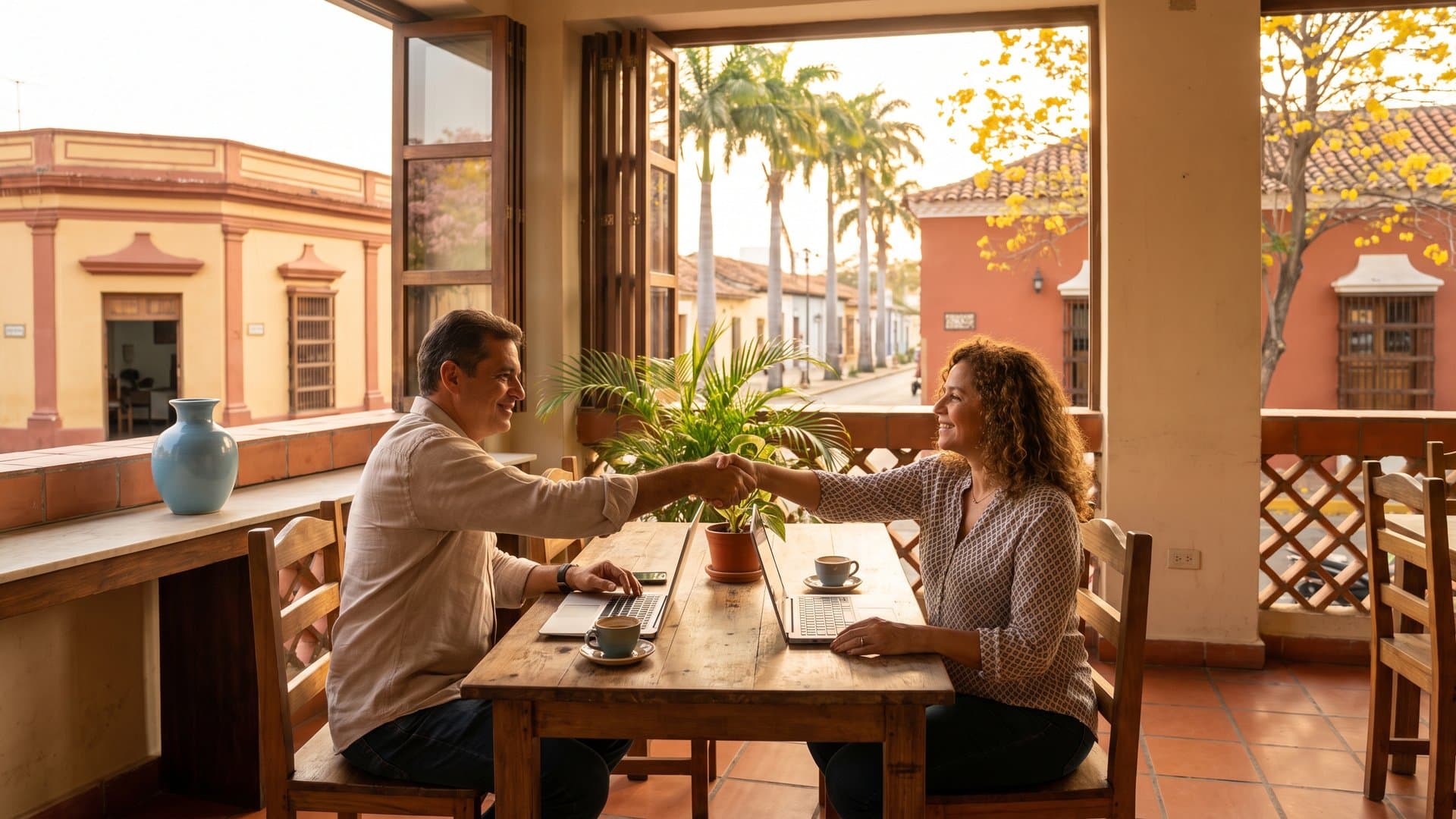 Dos dueños de negocios pequeños se dan la mano en una terraza soleada
